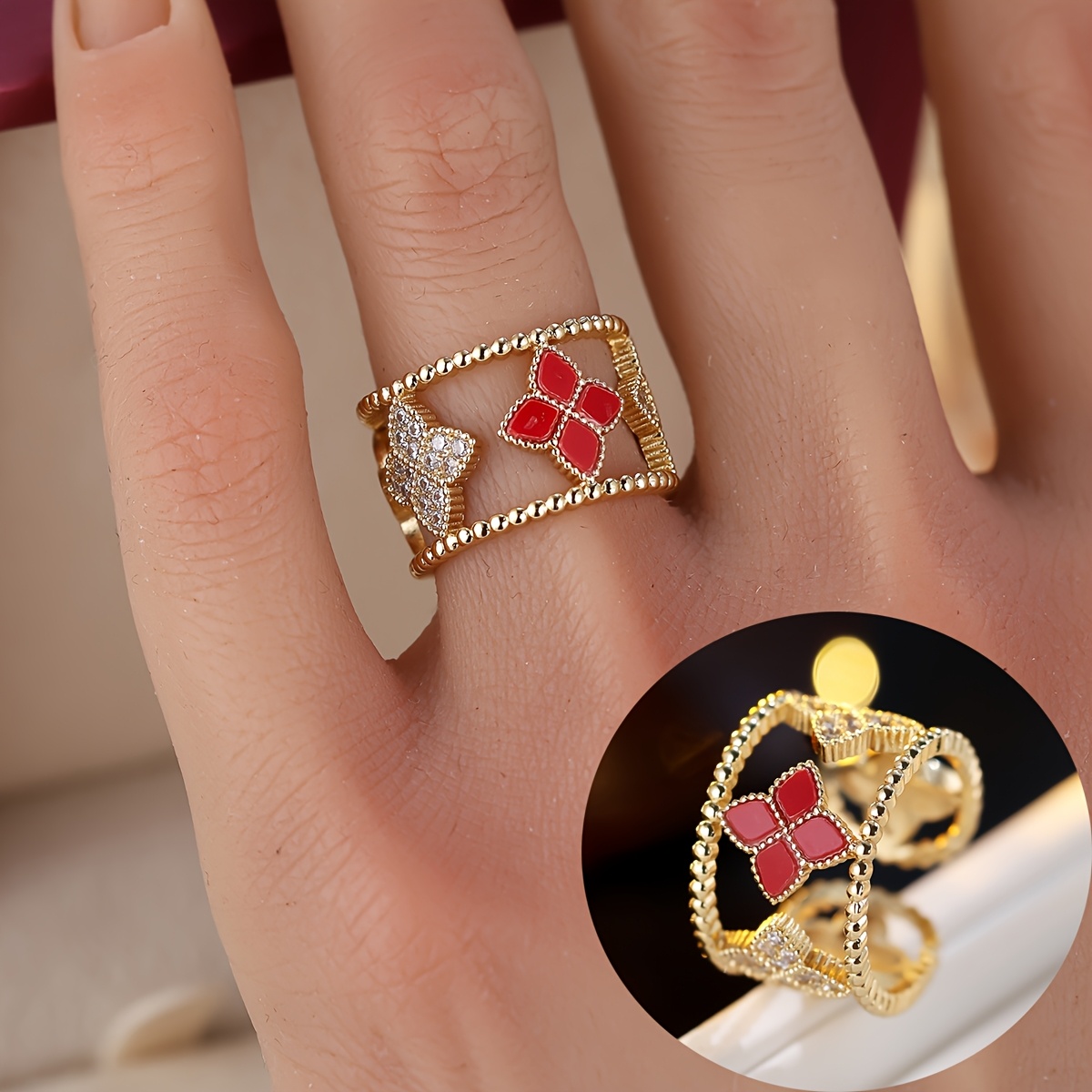Classic Elegant Floral Shaped Hollow Double Ring for Women